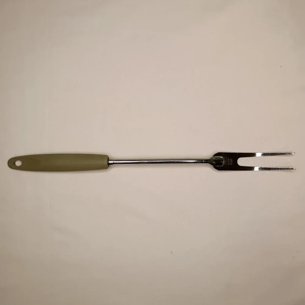 Vtg Ekco Chromium Plated CARVING MEAT FORK Olive Green Handle 12.5‎ in